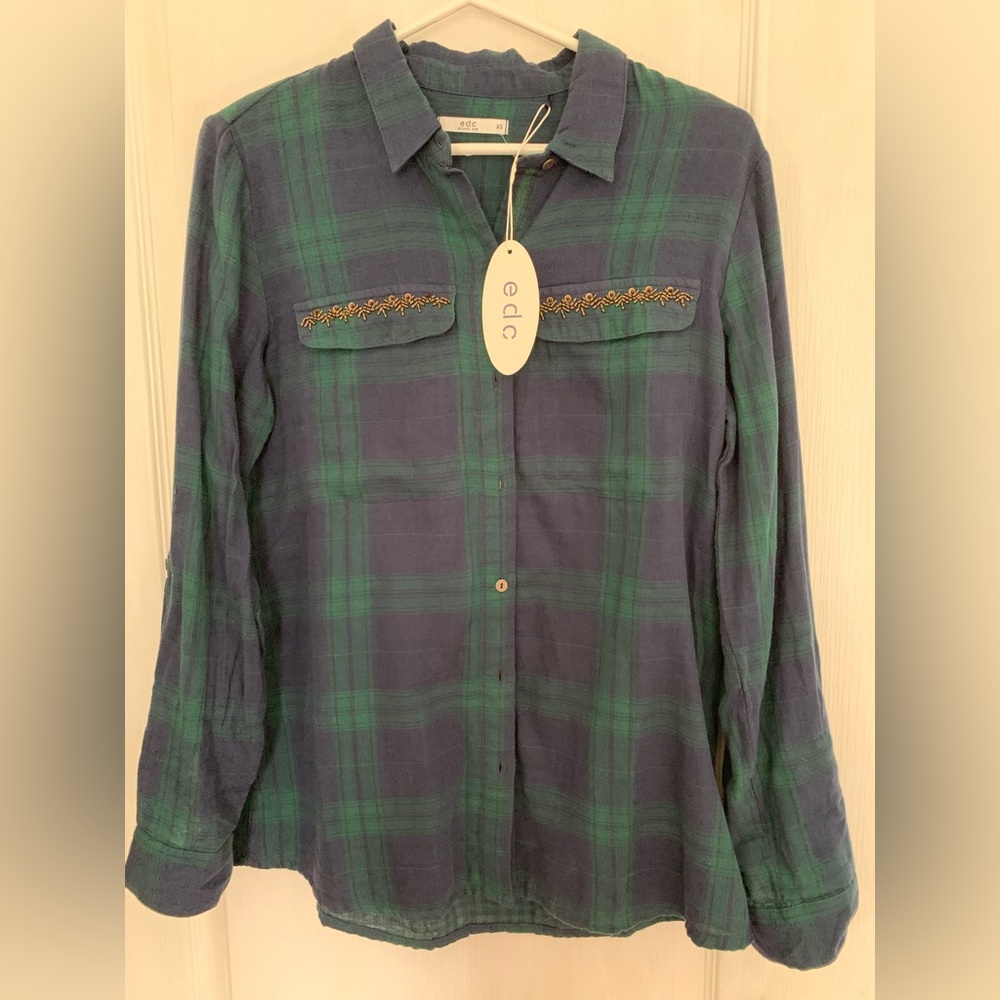 EDC Women's Green and Blue Plaid Blouse